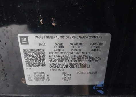 2020 Chevrolet Equinox Awd Lt 2.0L Turbo z USA, uszkodzony, nr VIN 2GNAXVEX9L6158942